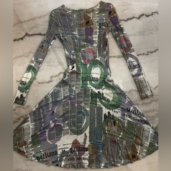 Galliano Vintage Pastel Newspaper Print Long Sleeve Dress - Picture 2 of 16